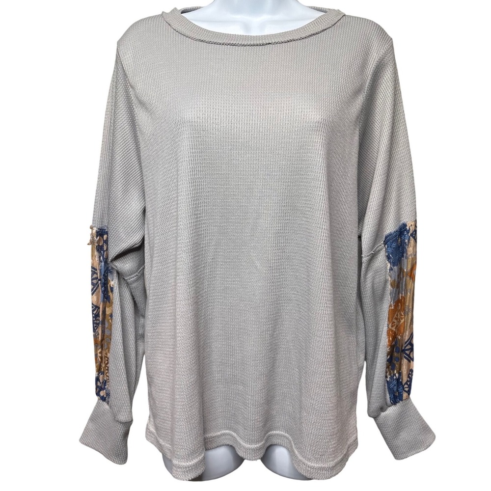 EASEL Womens Gray Waffle Knit Patchwork Sleeve Top S Boho Artsy Earthy Thermal